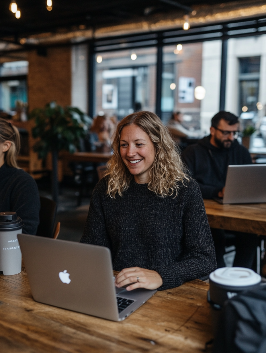 Person typing on laptop in cosy café.